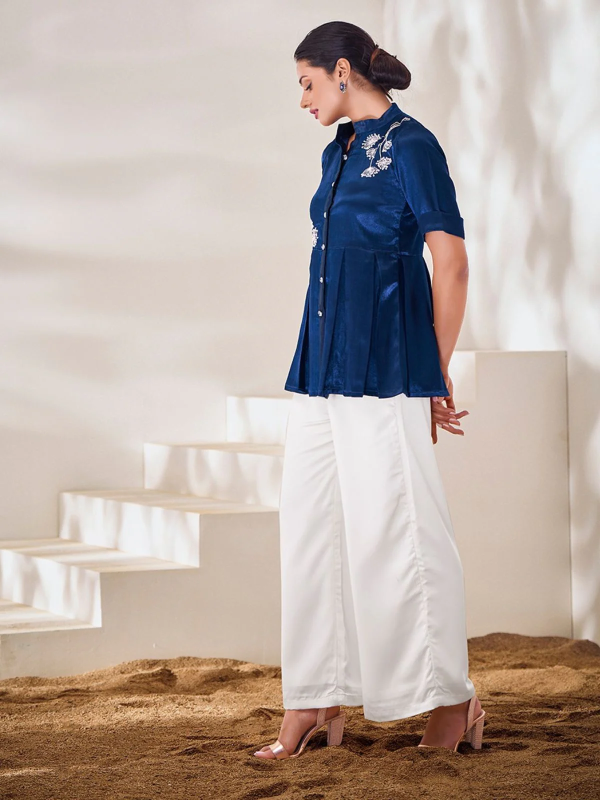 Odette Blue Silk Blend Embroidered Top For Women - Image 2