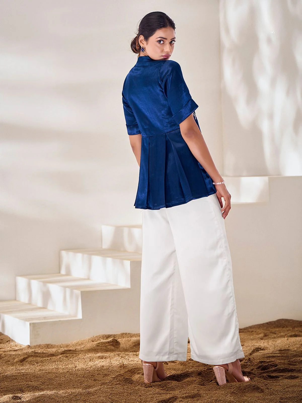 Odette Blue Silk Blend Embroidered Top For Women - Image 3