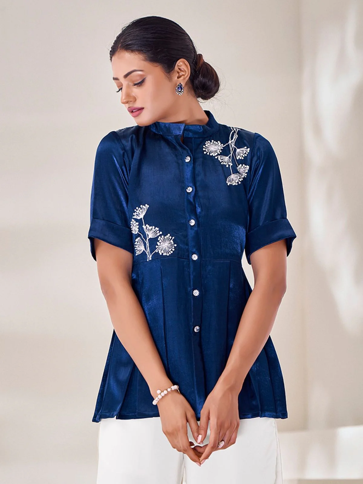 Odette Blue Silk Blend Embroidered Top For Women - Image 4