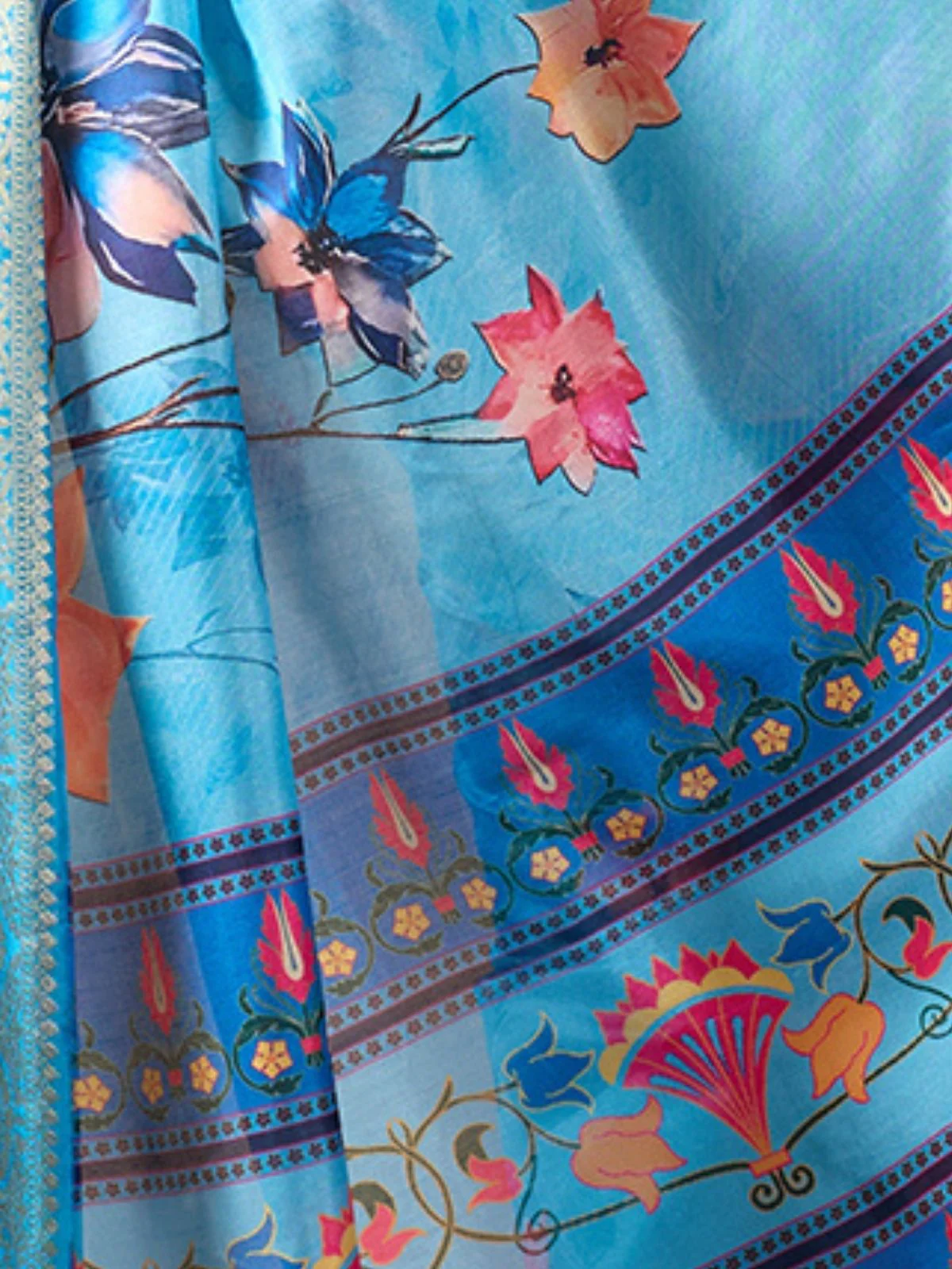 Odette Blue Silk Blend Printed Saree For Women - Image 5