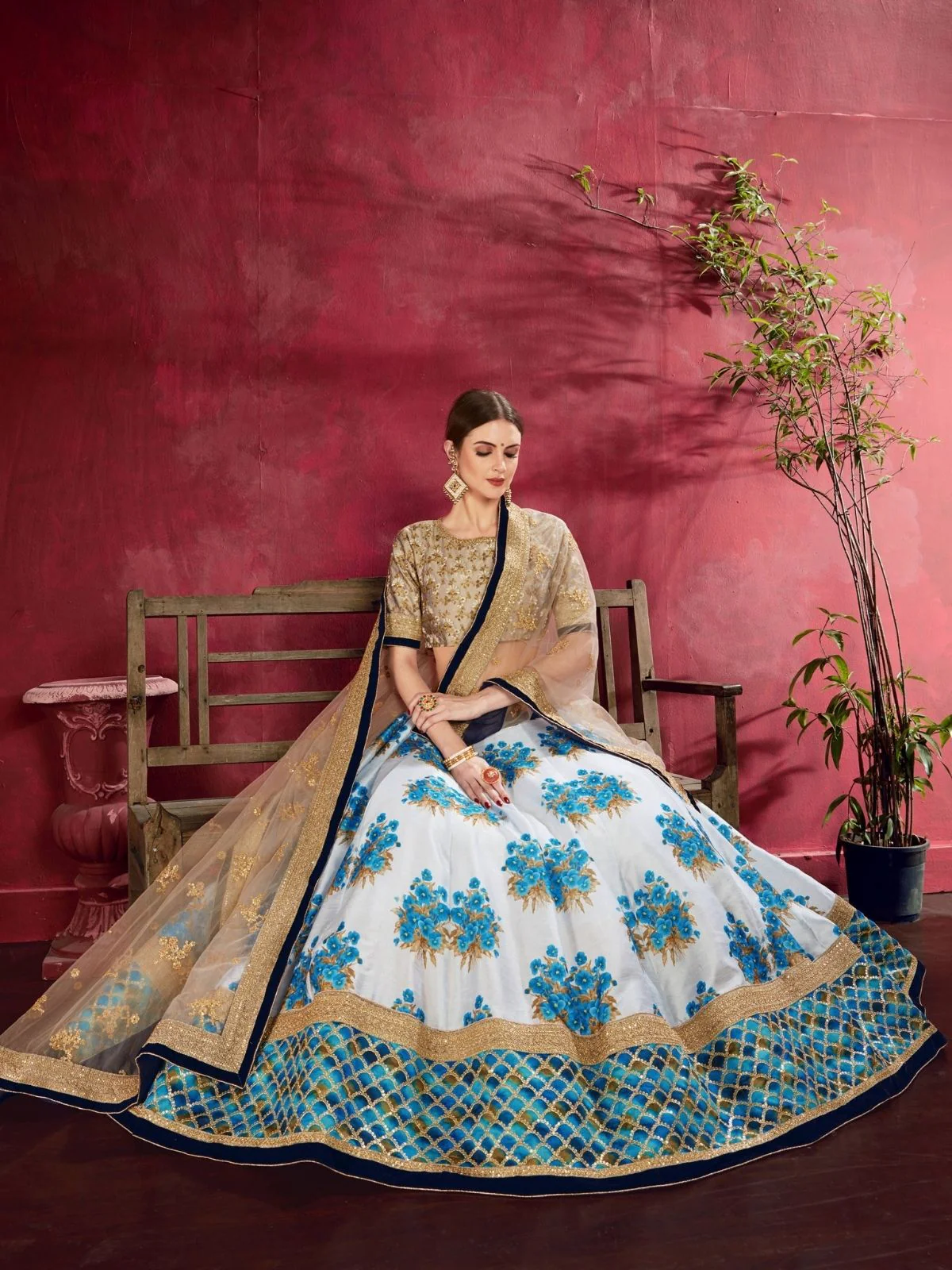Odette Blue Silk Blend Printed Semi Stitched Lehenga With Blouse For Women - Image 2
