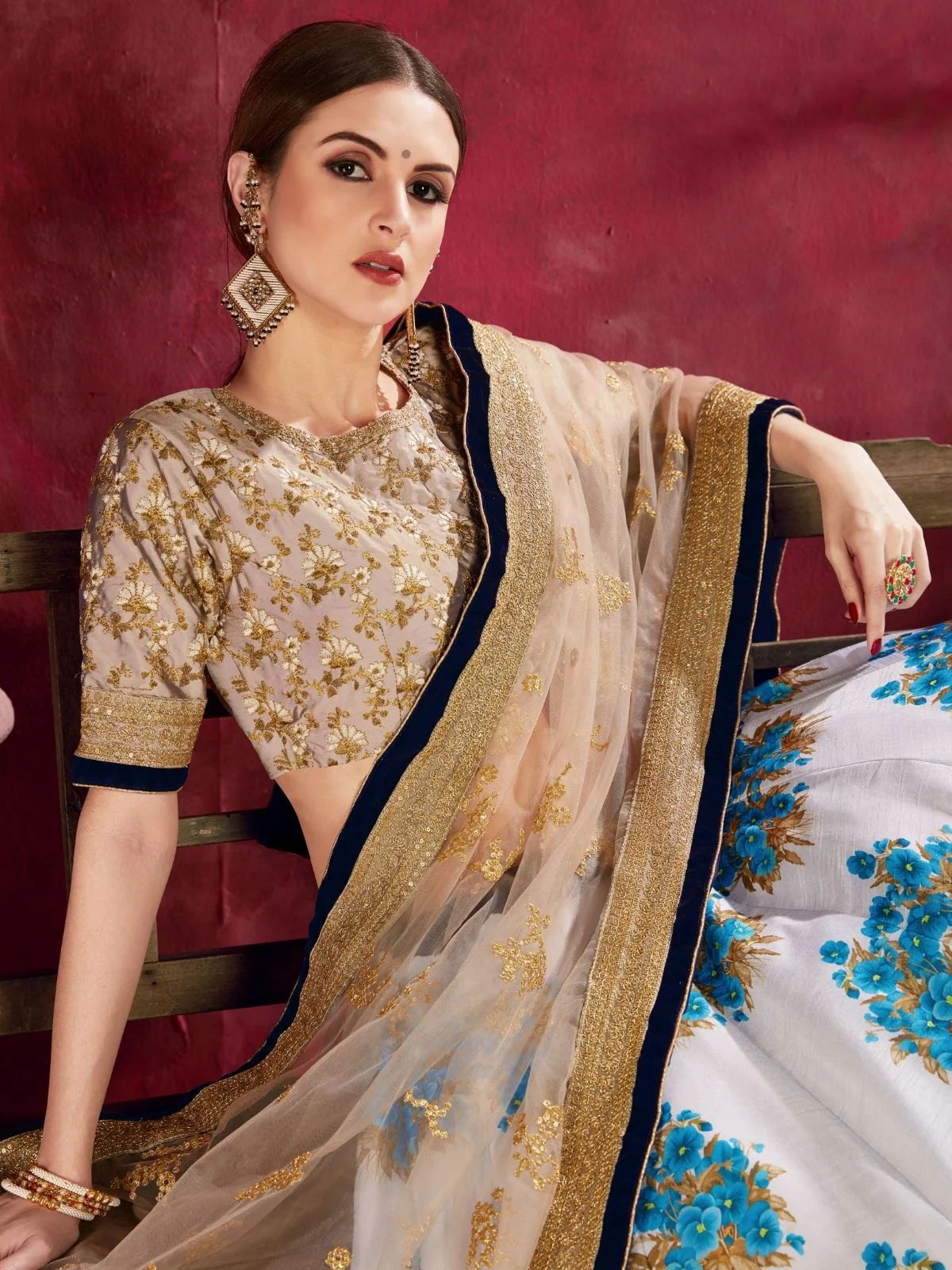 Odette Blue Silk Blend Printed Semi Stitched Lehenga With Blouse For Women - Image 3