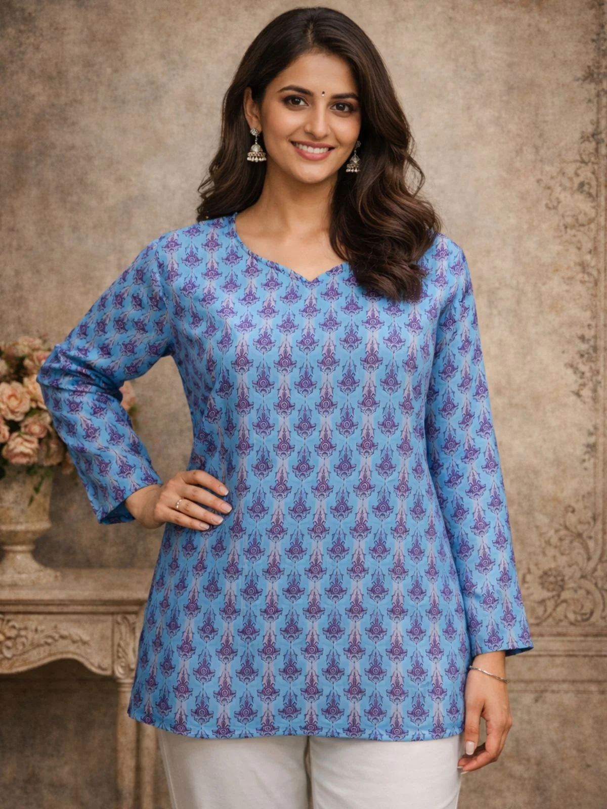 Odette Blue Silk Blend Printed Solid Kurti For Women - Image 3