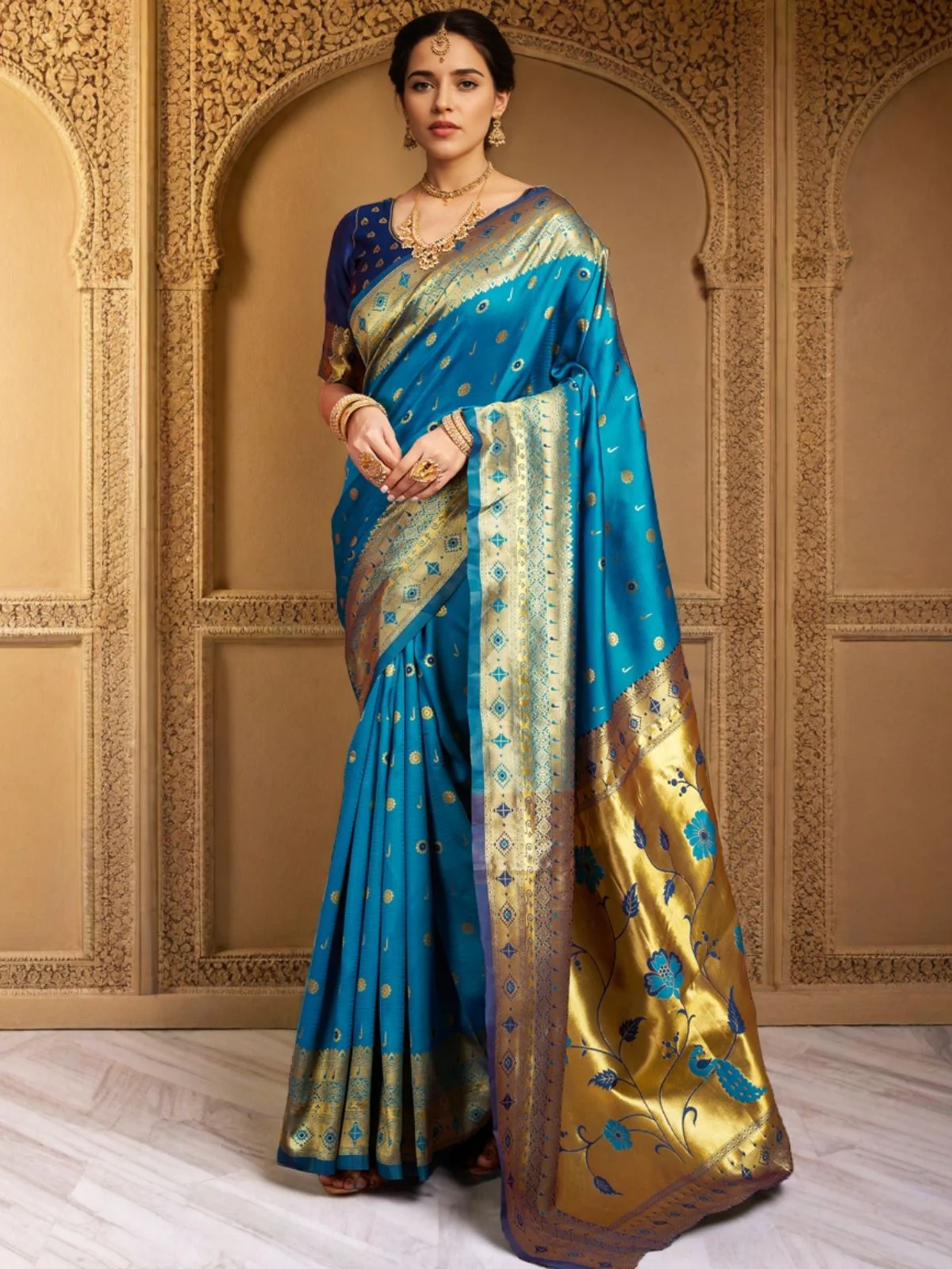 Odette Blue Silk Blend Woven Pithani Saree For Women