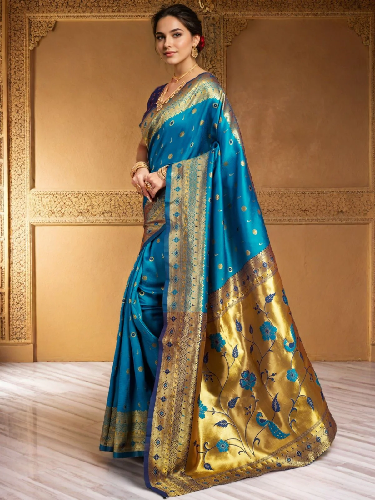 Odette Blue Silk Blend Woven Pithani Saree For Women - Image 2