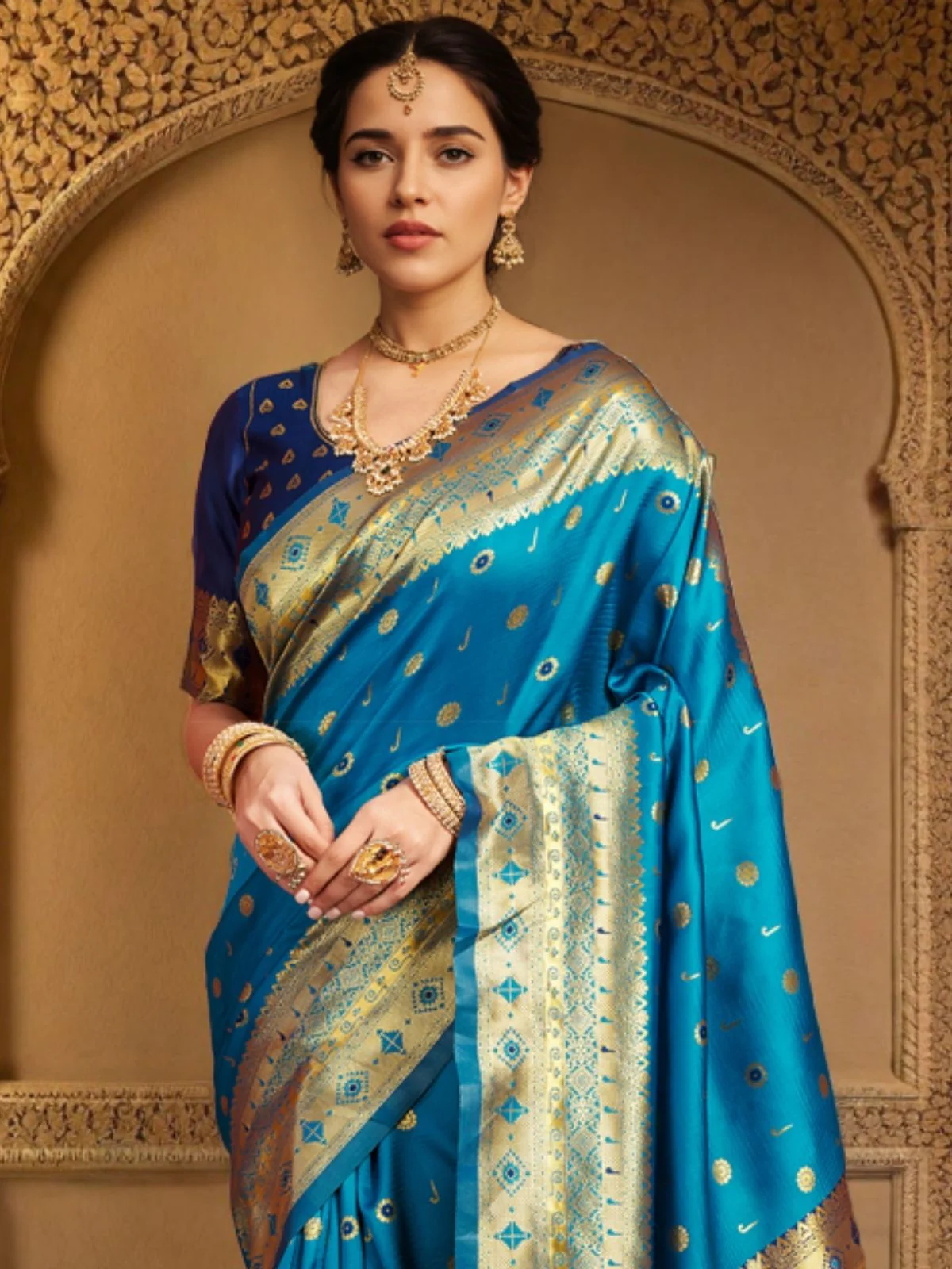 Odette Blue Silk Blend Woven Pithani Saree For Women - Image 4