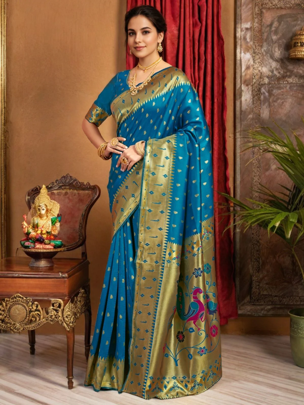 Odette Blue Silk Blend Woven Pithani Saree For Women