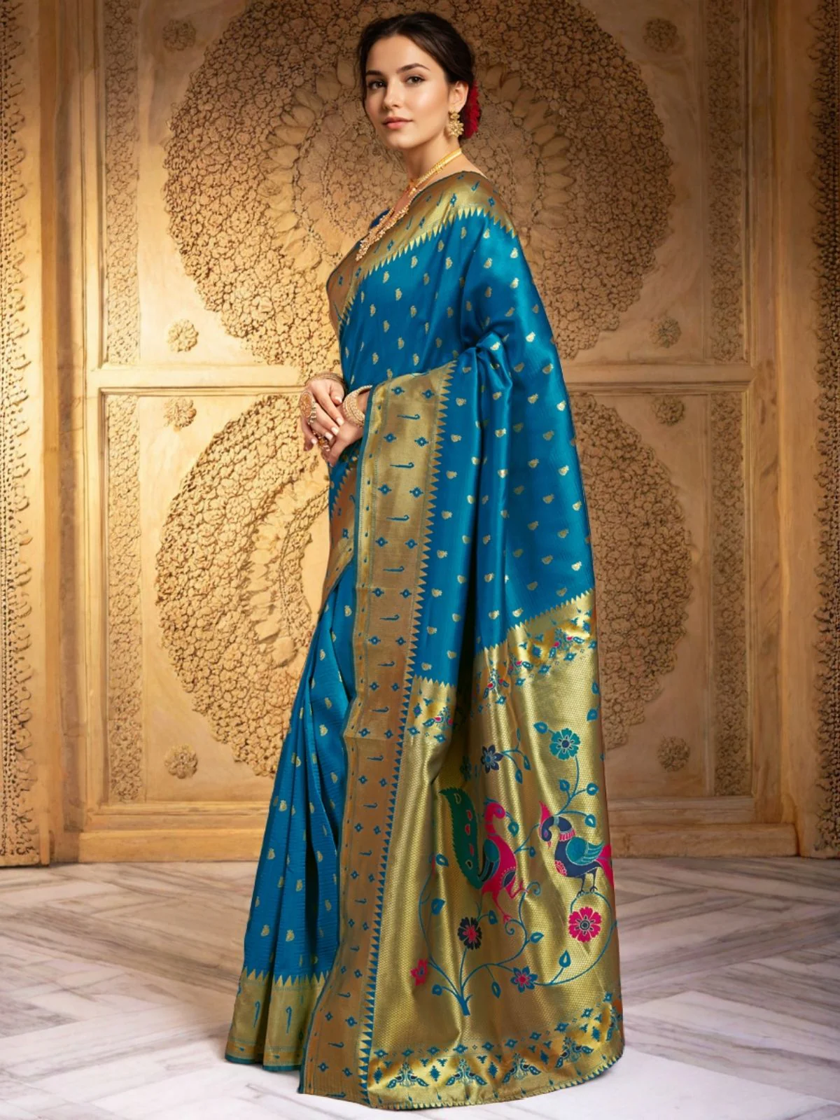 Odette Blue Silk Blend Woven Pithani Saree For Women - Image 2