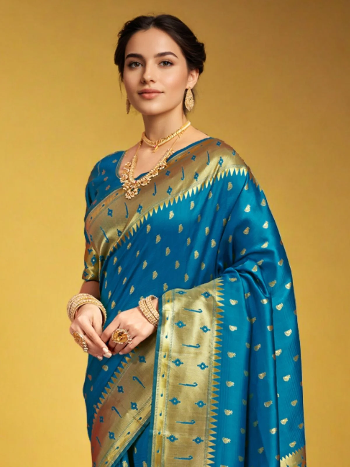 Odette Blue Silk Blend Woven Pithani Saree For Women - Image 4