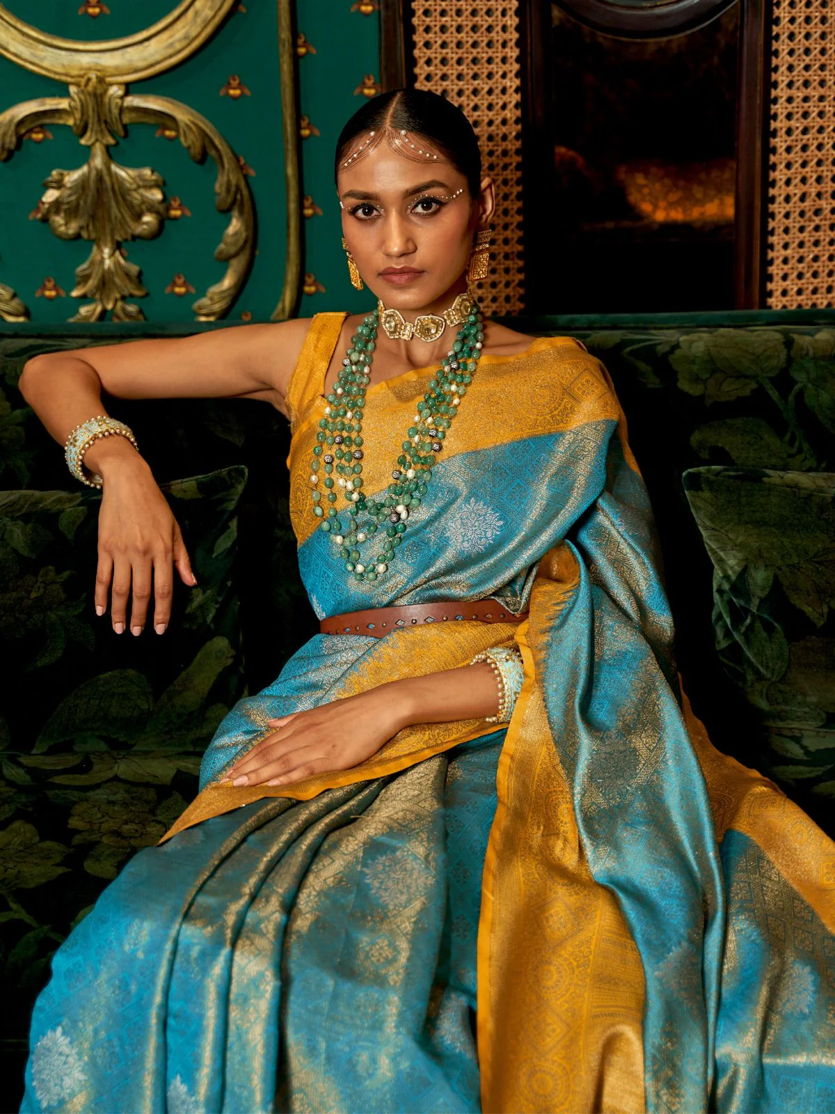 Odette Blue Silk Blend Woven Saree With Unstitched Blouse for Women - Image 2