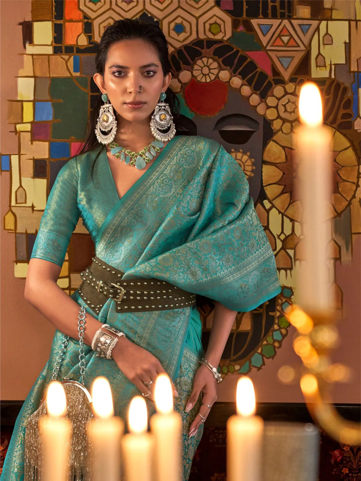 Odette Blue Silk Blend Woven Saree With Unstitched Blouse For Women - Image 2