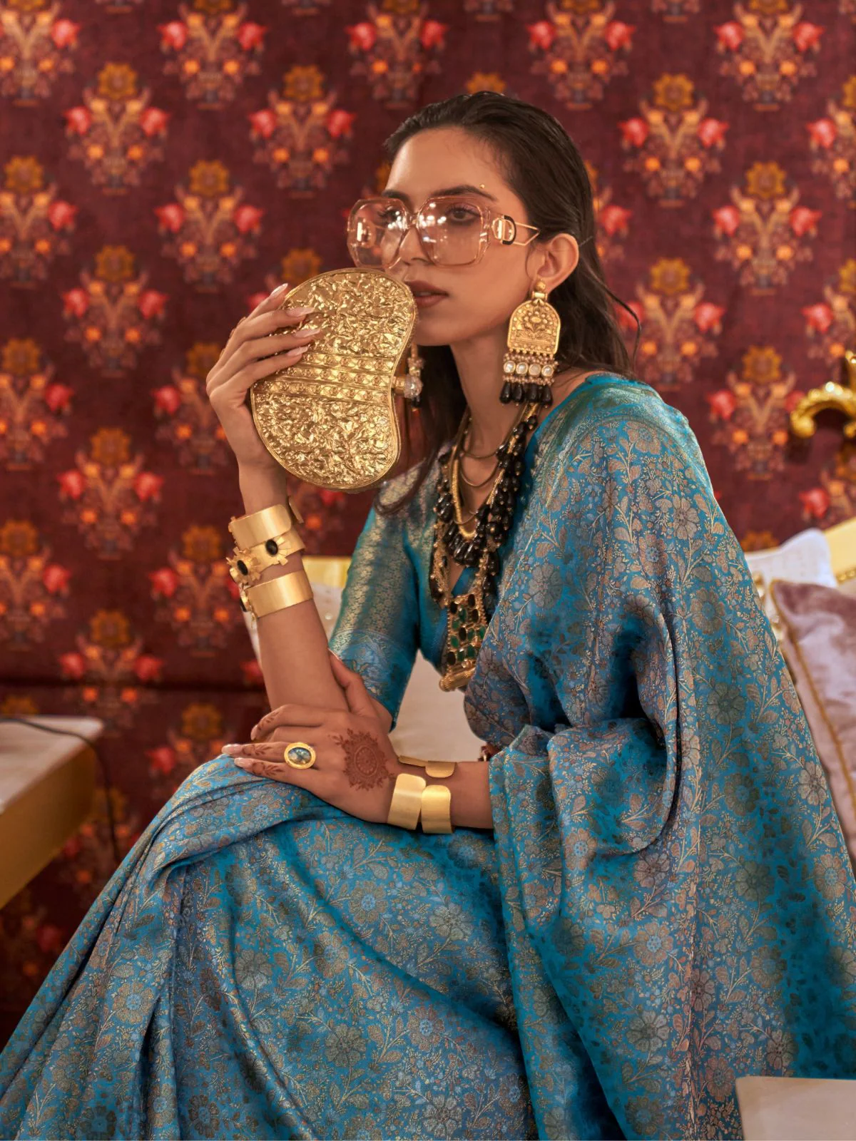Odette Blue Silk Blend Woven Saree With Unstitched Blouse For Women - Image 2