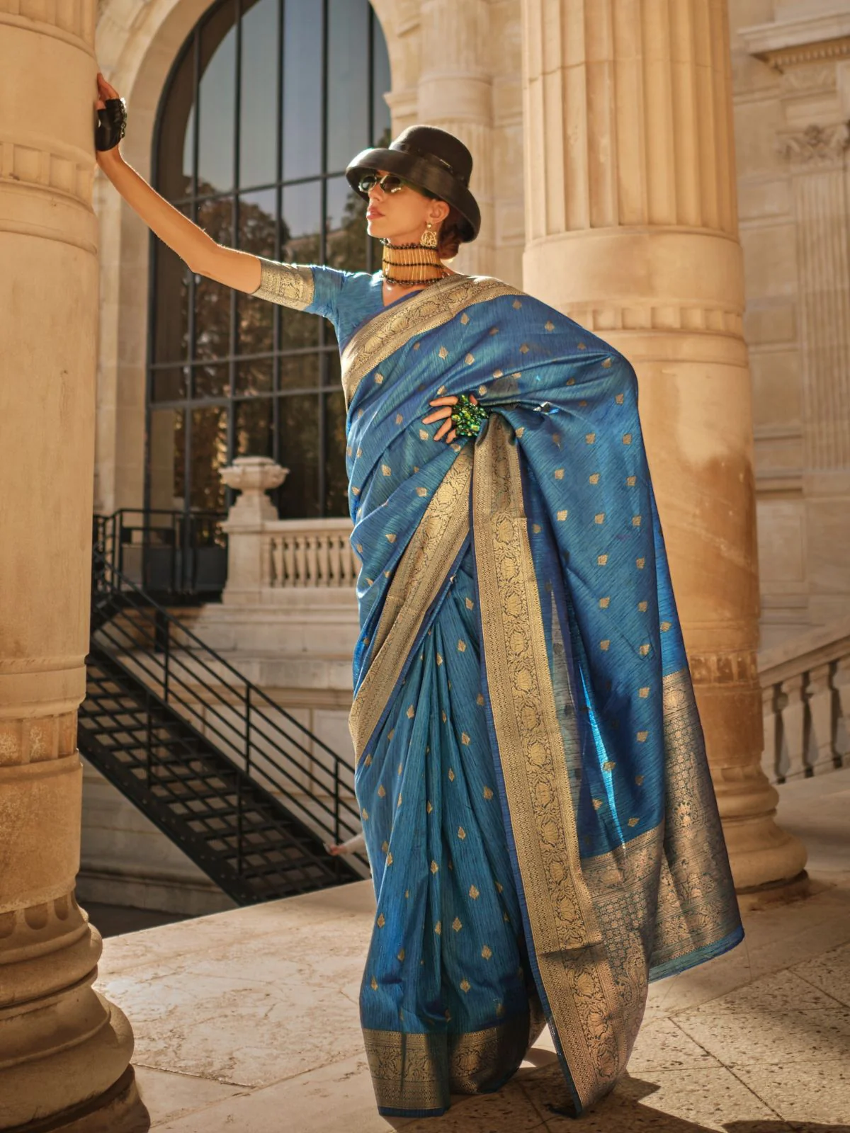 Odette Blue Silk Blend Woven Saree With Unstitched Blouse For Women