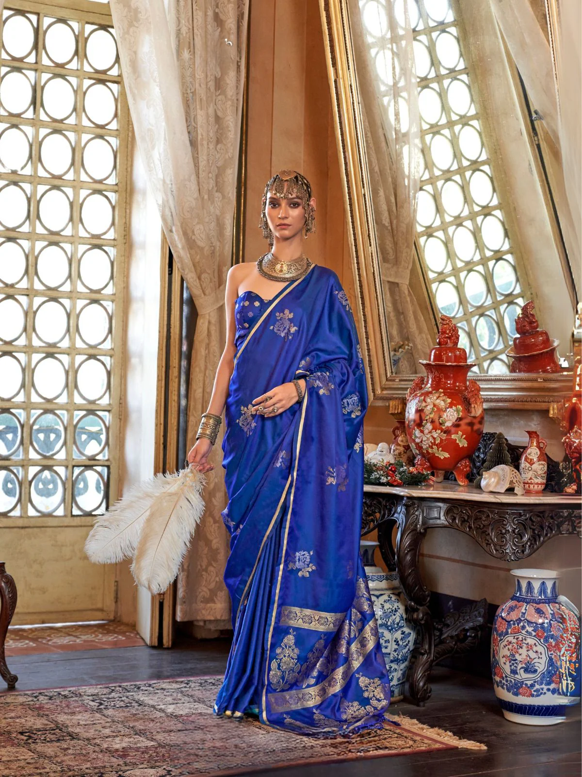 Odette Blue Silk Blend Woven Saree With Unstitched Blouse For Women