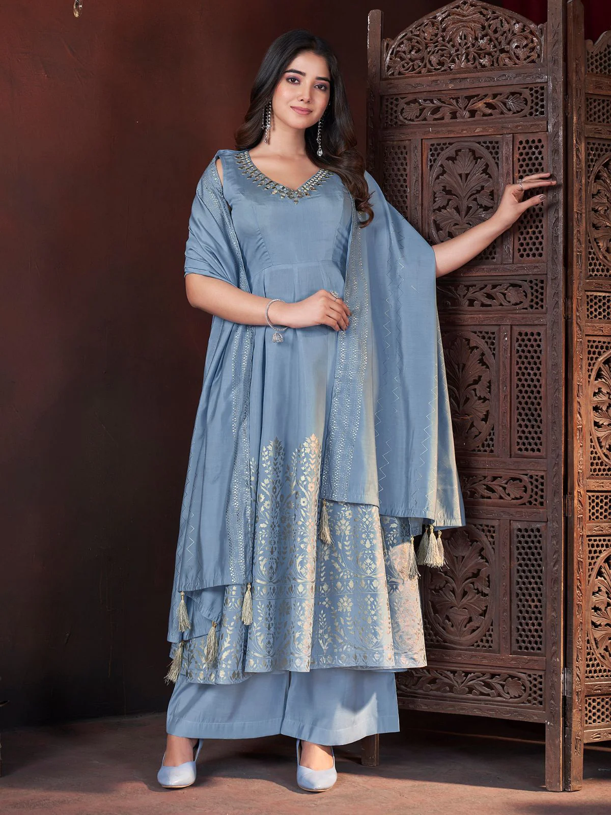 Odette Blue Silk Blend Woven Stitched Kurta Set For Women - Image 2
