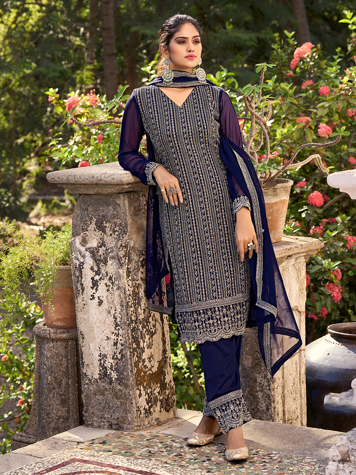 Odette Blue Silk Embroidered Semi stitched Kurta Set For Women - Image 3