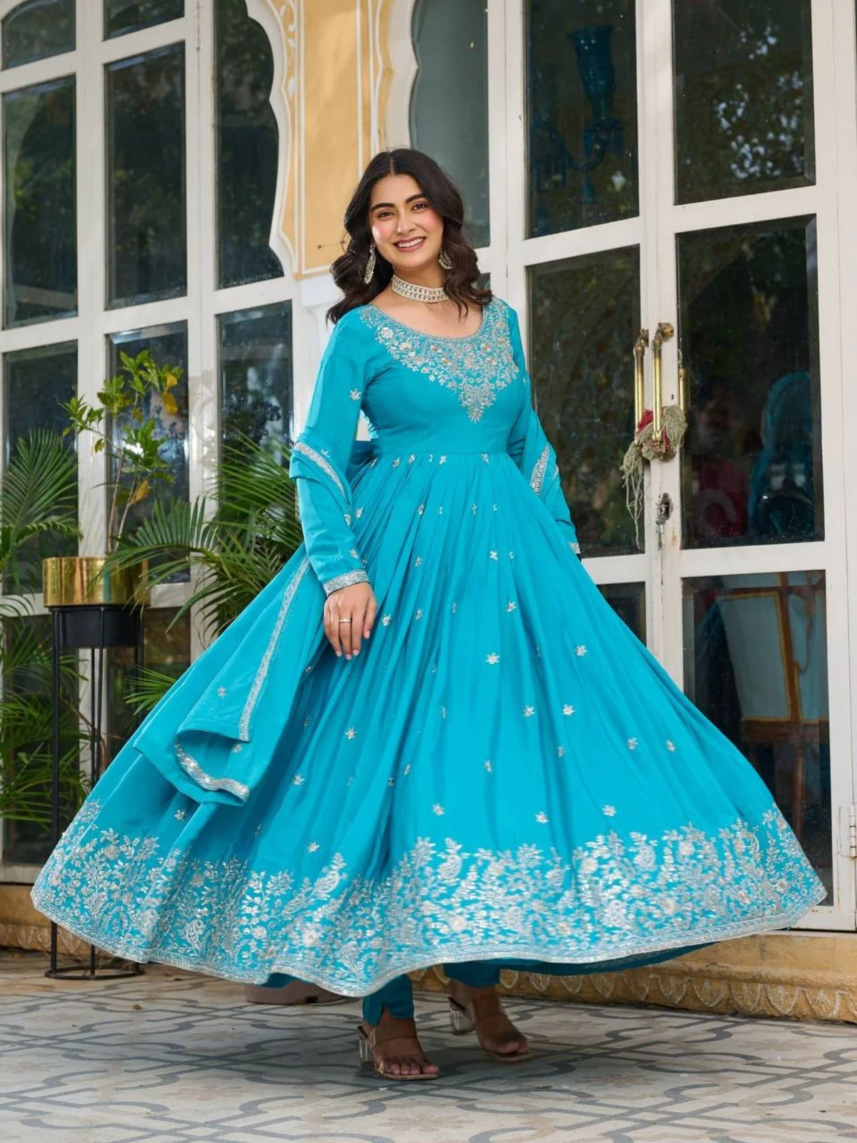 Odette Blue Silk Solid Stitched Kurta Set For Women - Image 2