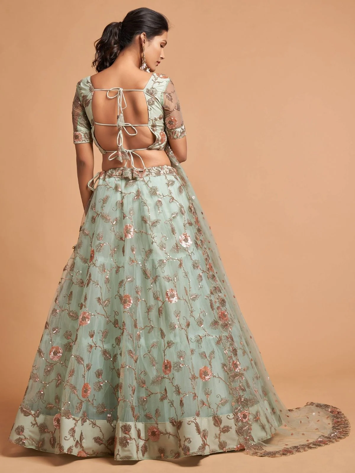 Odette Sea Green Soft Net Embroidered Semi Stitched Lehenga With Blouse For Women - Image 4
