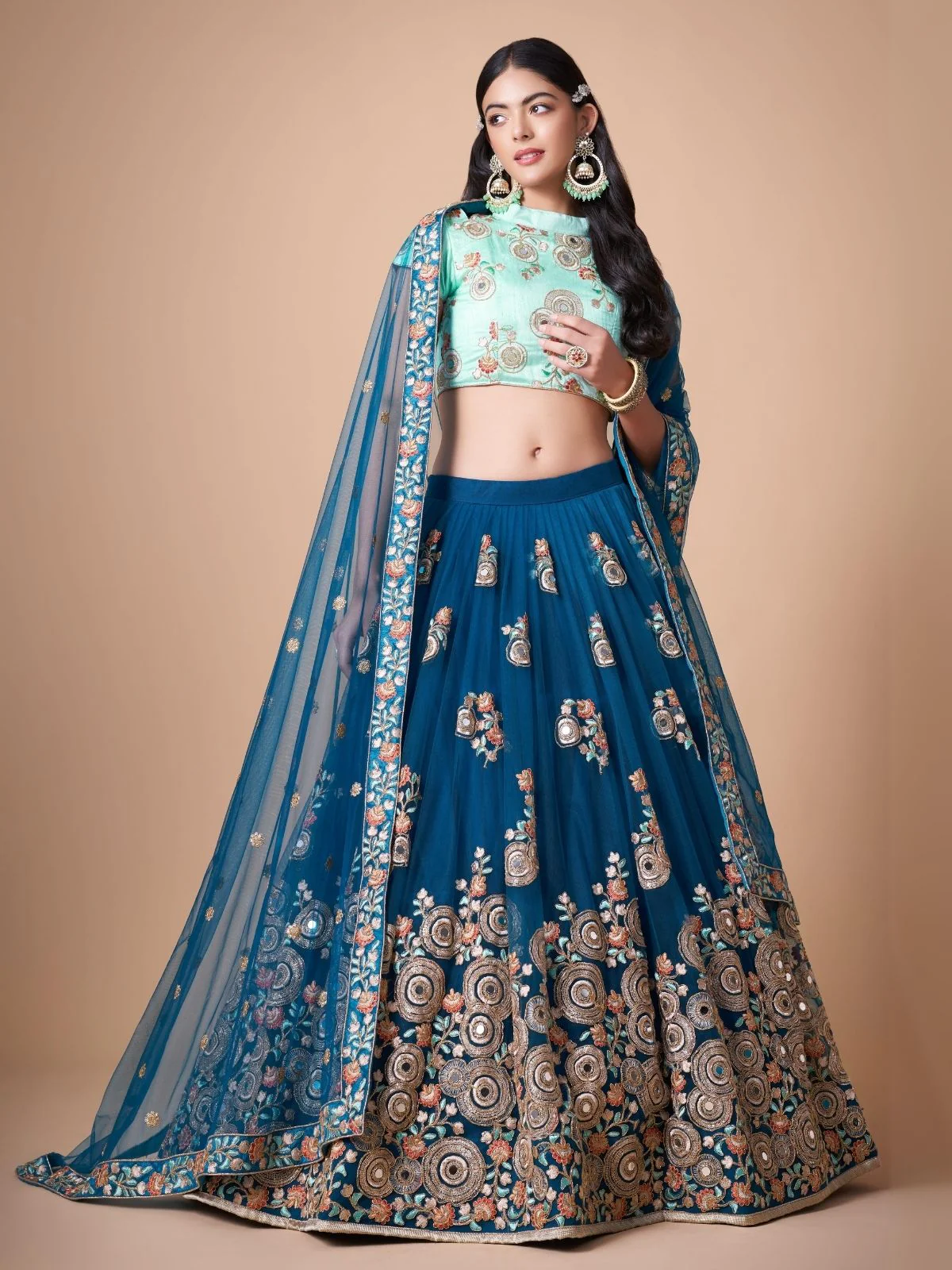 Odette Blue Soft Net Embroidered Semi Stitched Lehenga With Blouse For Women - Image 2