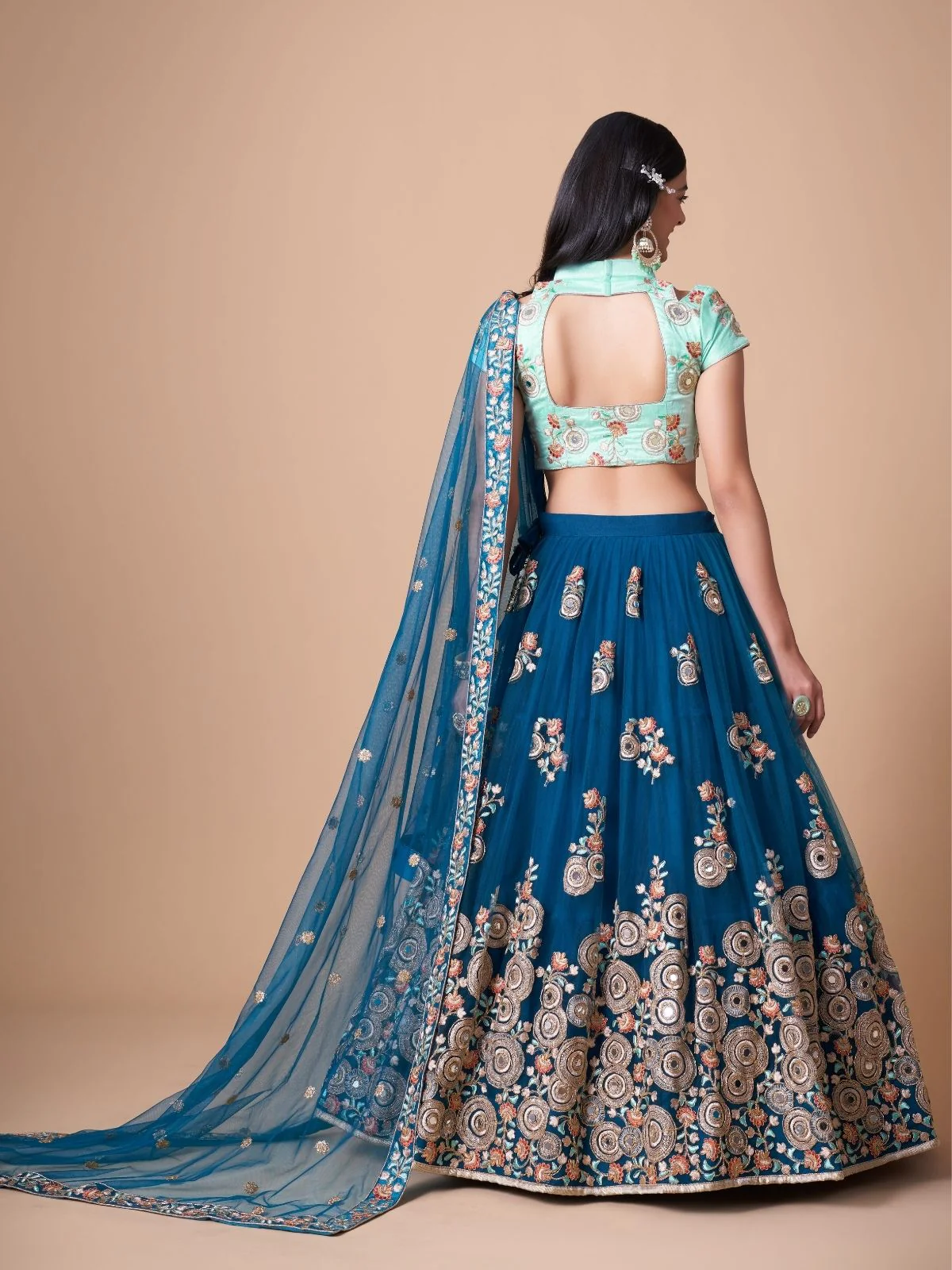 Odette Blue Soft Net Embroidered Semi Stitched Lehenga With Blouse For Women - Image 3