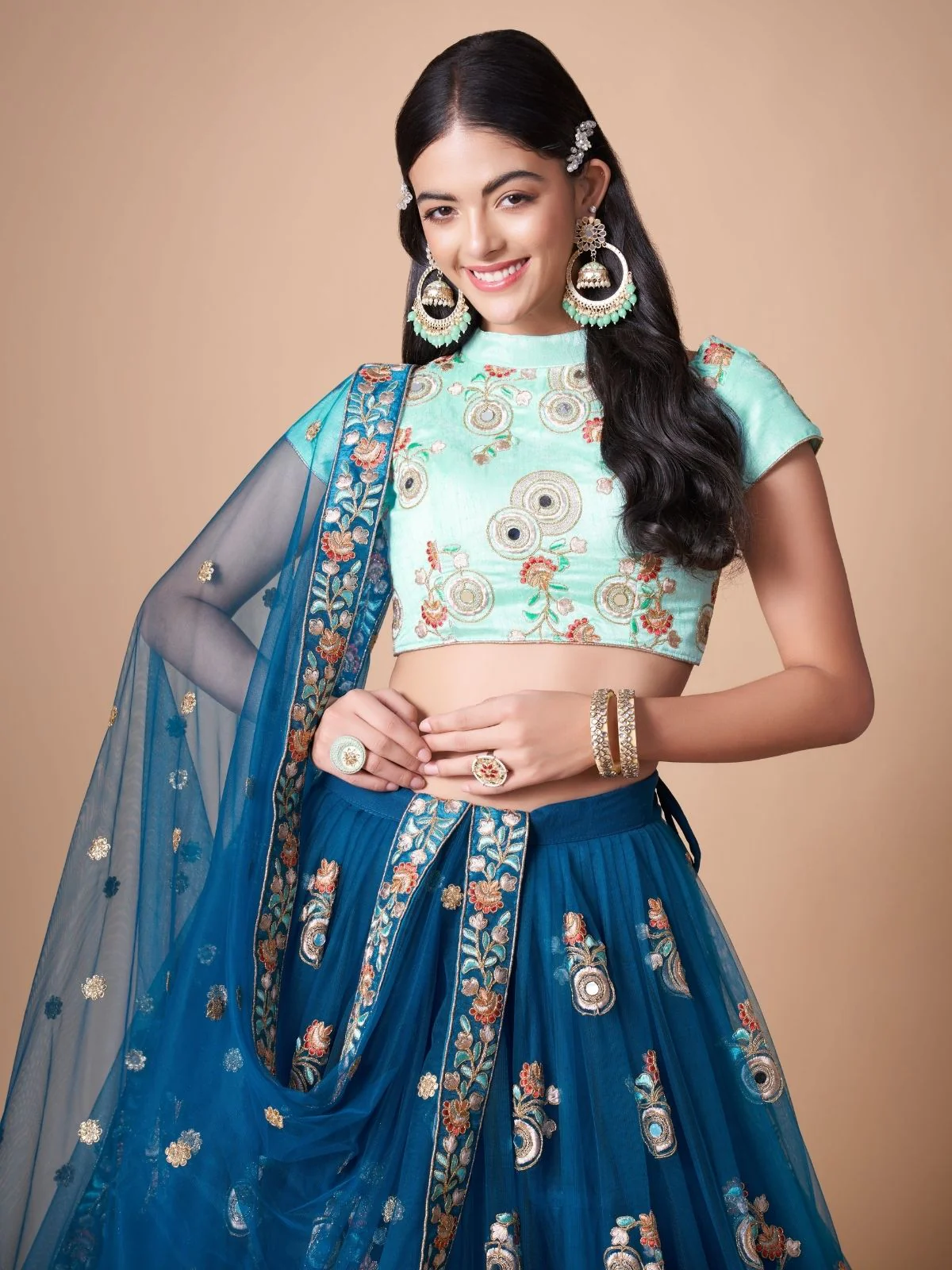 Odette Blue Soft Net Embroidered Semi Stitched Lehenga With Blouse For Women - Image 4