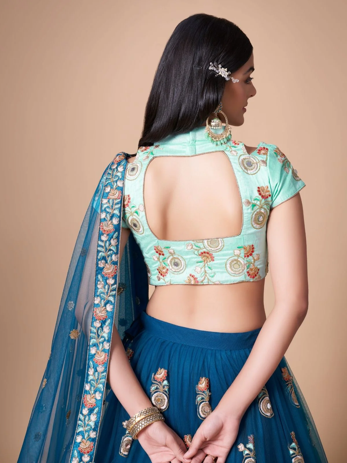 Odette Blue Soft Net Embroidered Semi Stitched Lehenga With Blouse For Women - Image 5