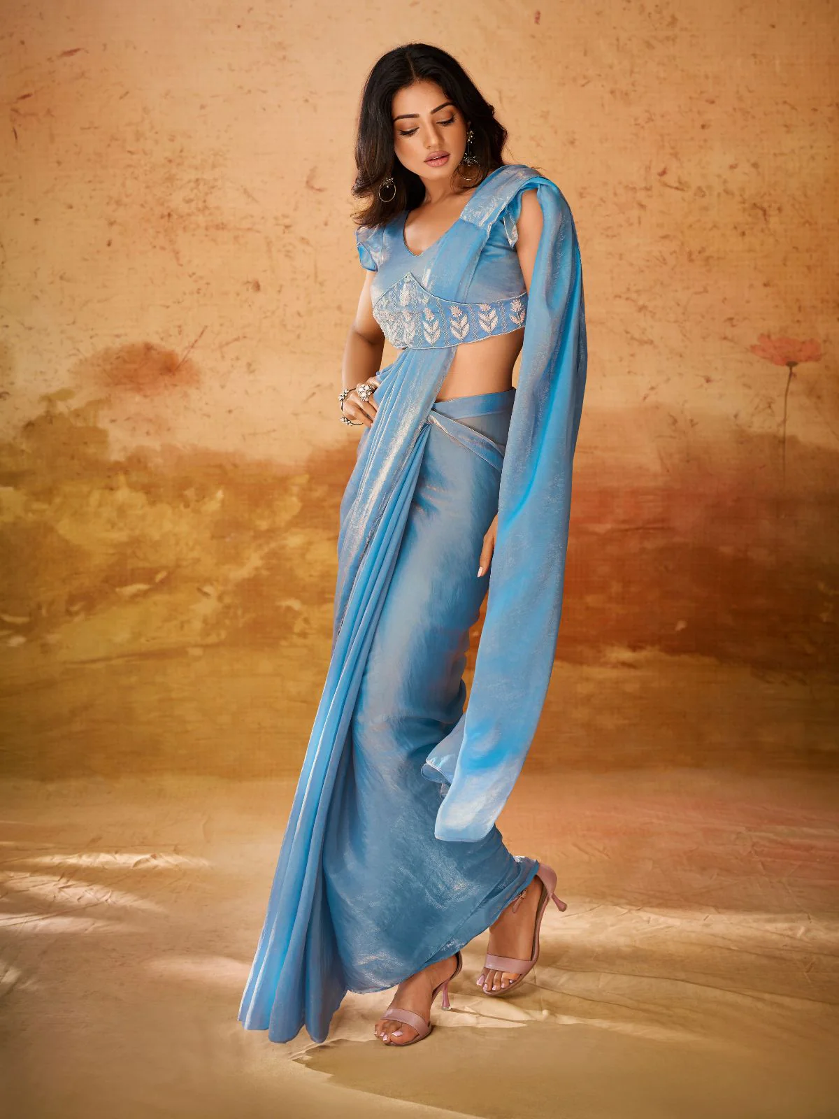 Odette Blue Solid Organza Ready To Wear Saree With Stitched Blouse For Women - Image 3