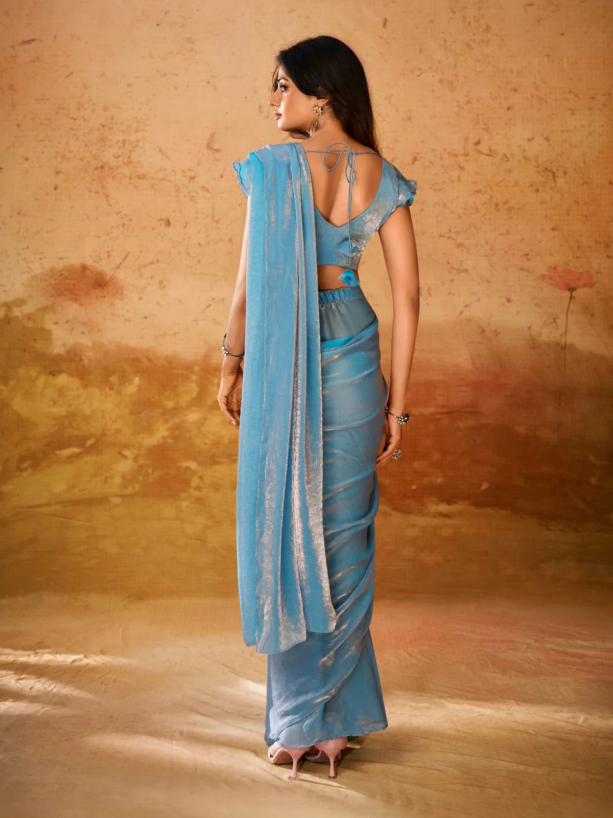 Odette Blue Solid Organza Ready To Wear Saree With Stitched Blouse For Women - Image 4