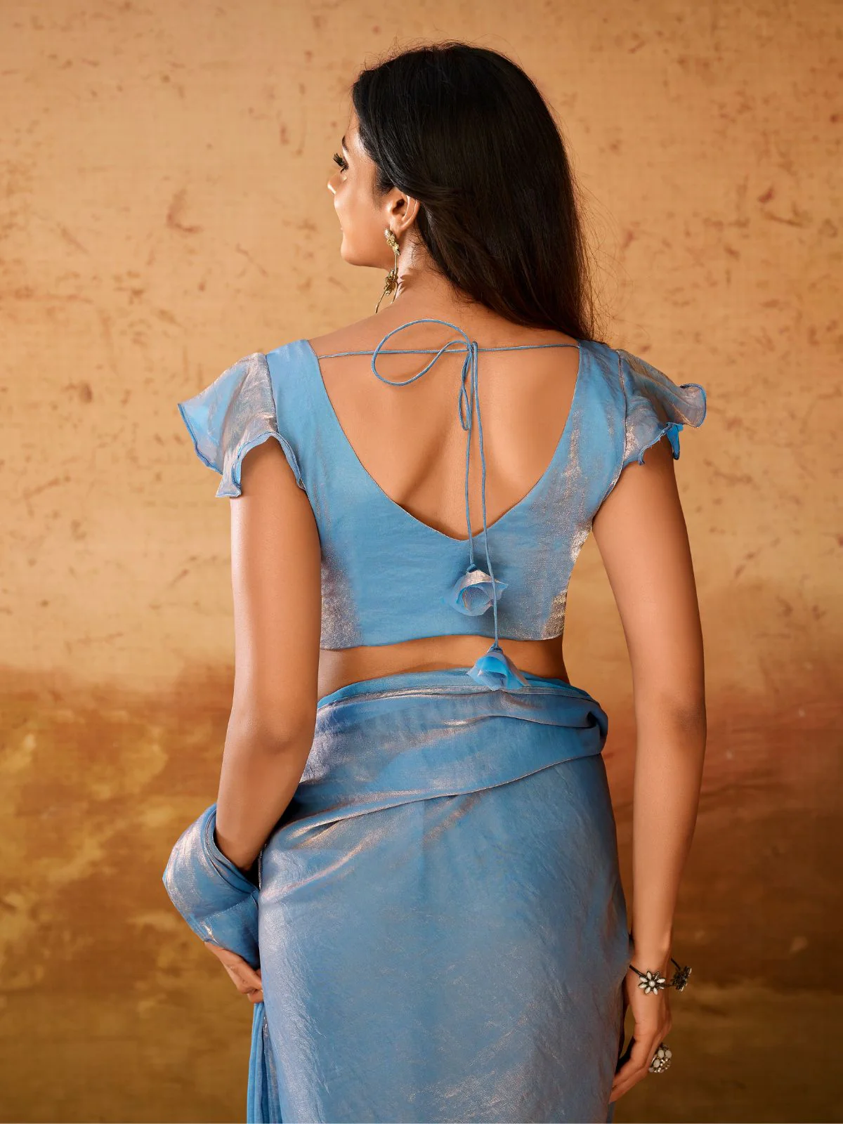 Odette Blue Solid Organza Ready To Wear Saree With Stitched Blouse For Women - Image 6