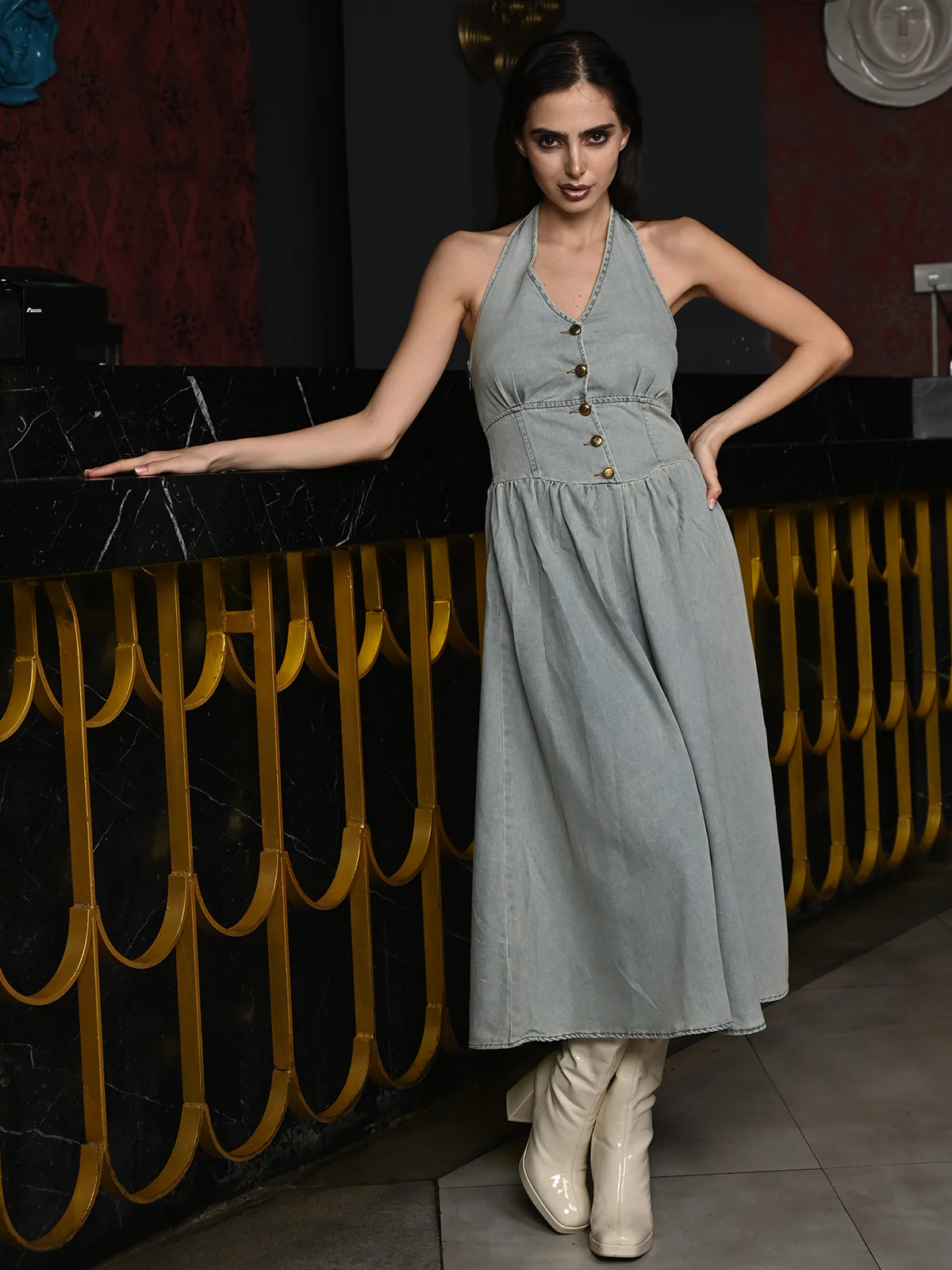 Odette Blue Solid Washed Denim Dress for Women