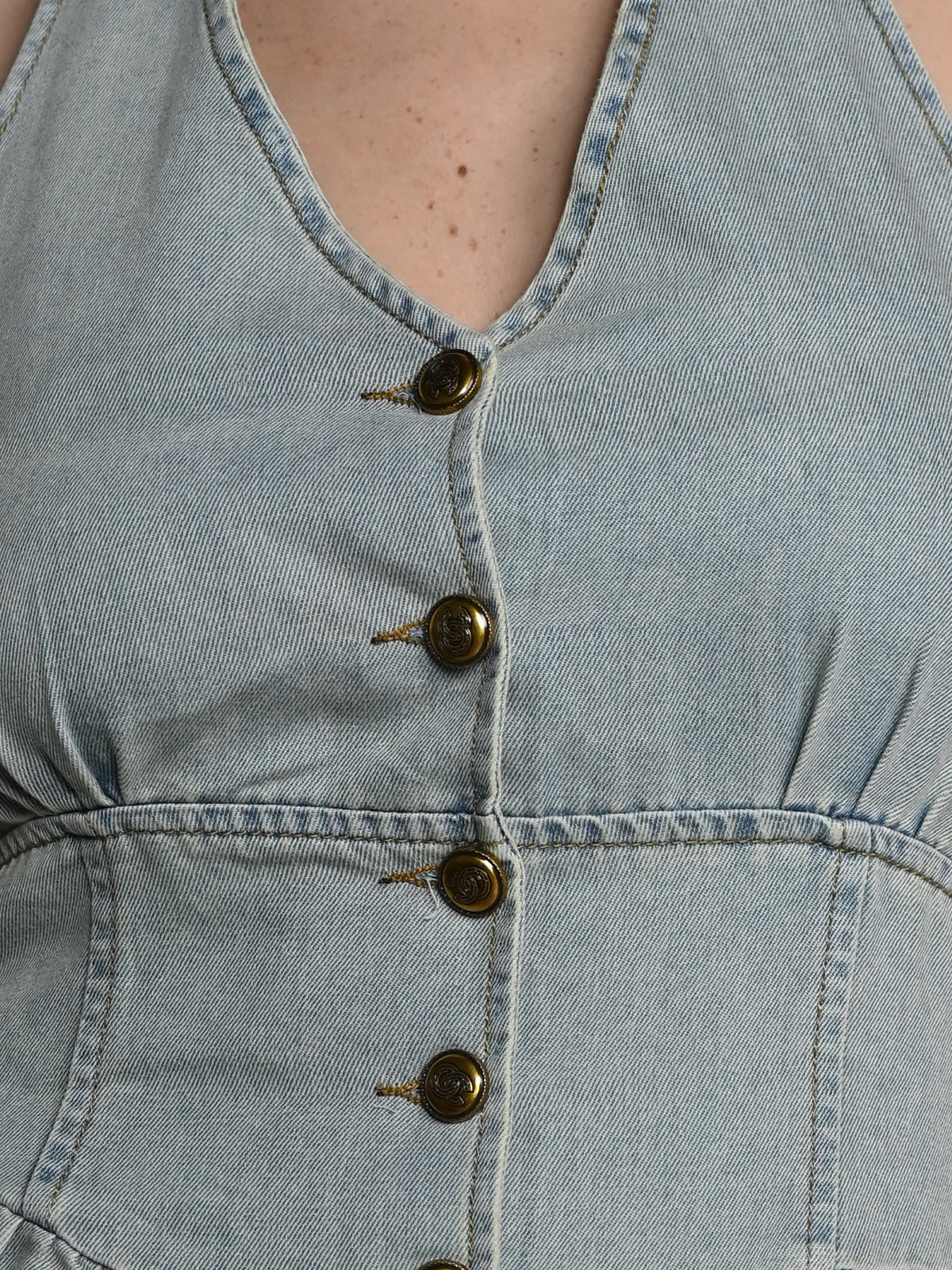 Odette Blue Solid Washed Denim Dress for Women - Image 5