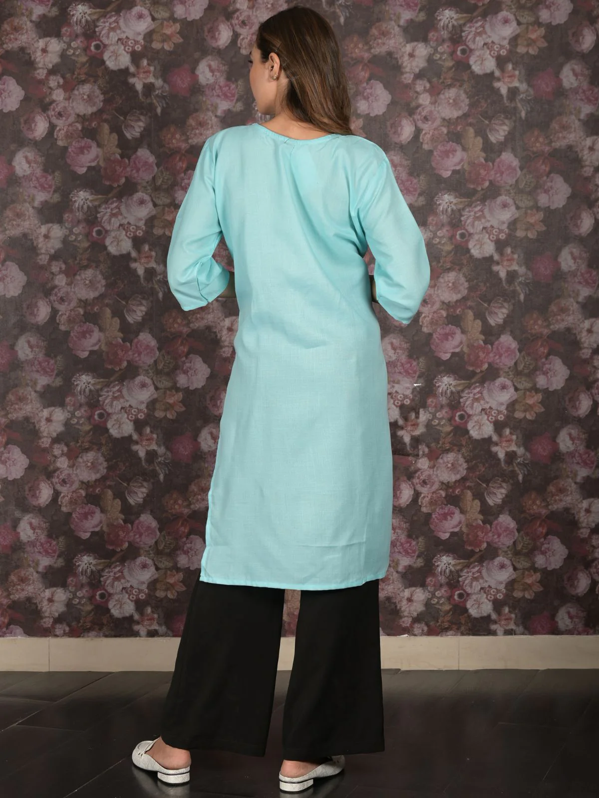 Odette Blue Straight Embroidered Stitched Kurta For Women - Image 4