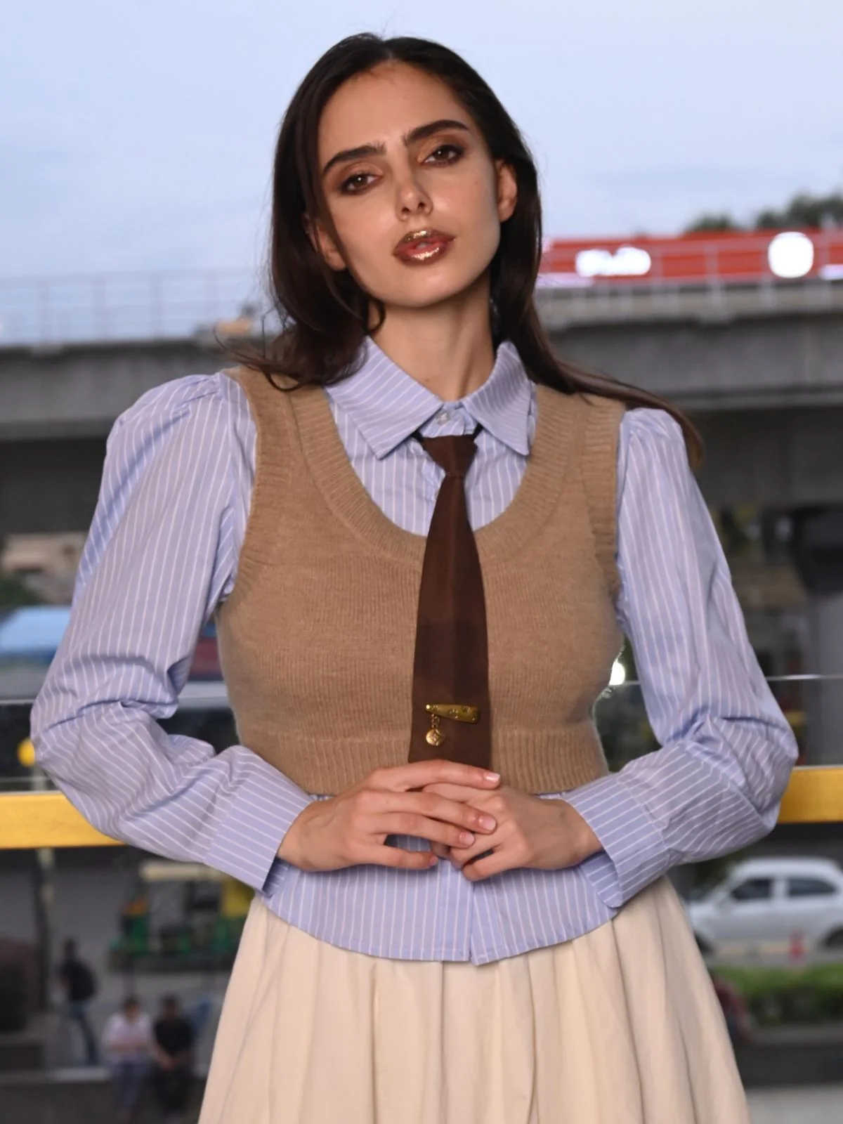 Odette Blue Stripe Poplin Shirt With Woolen Outer For Women - Image 2