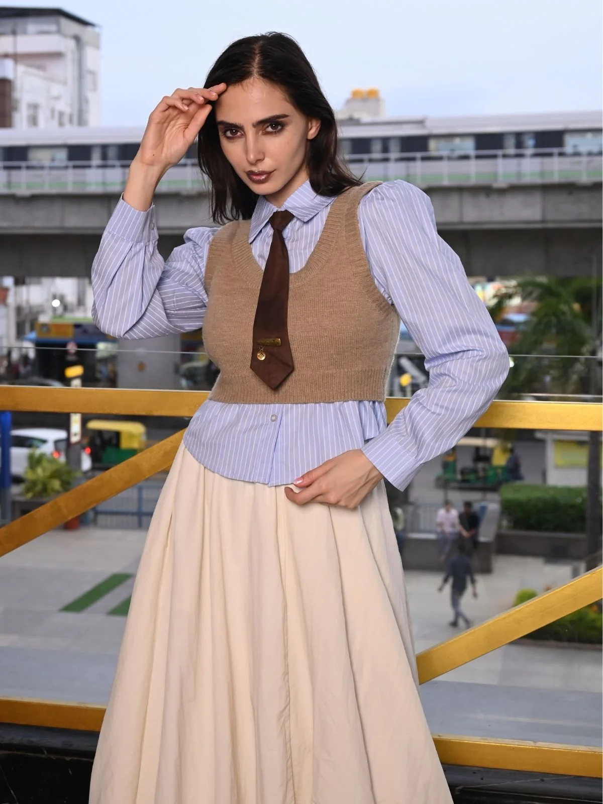 Odette Blue Stripe Poplin Shirt With Woolen Outer For Women - Image 3