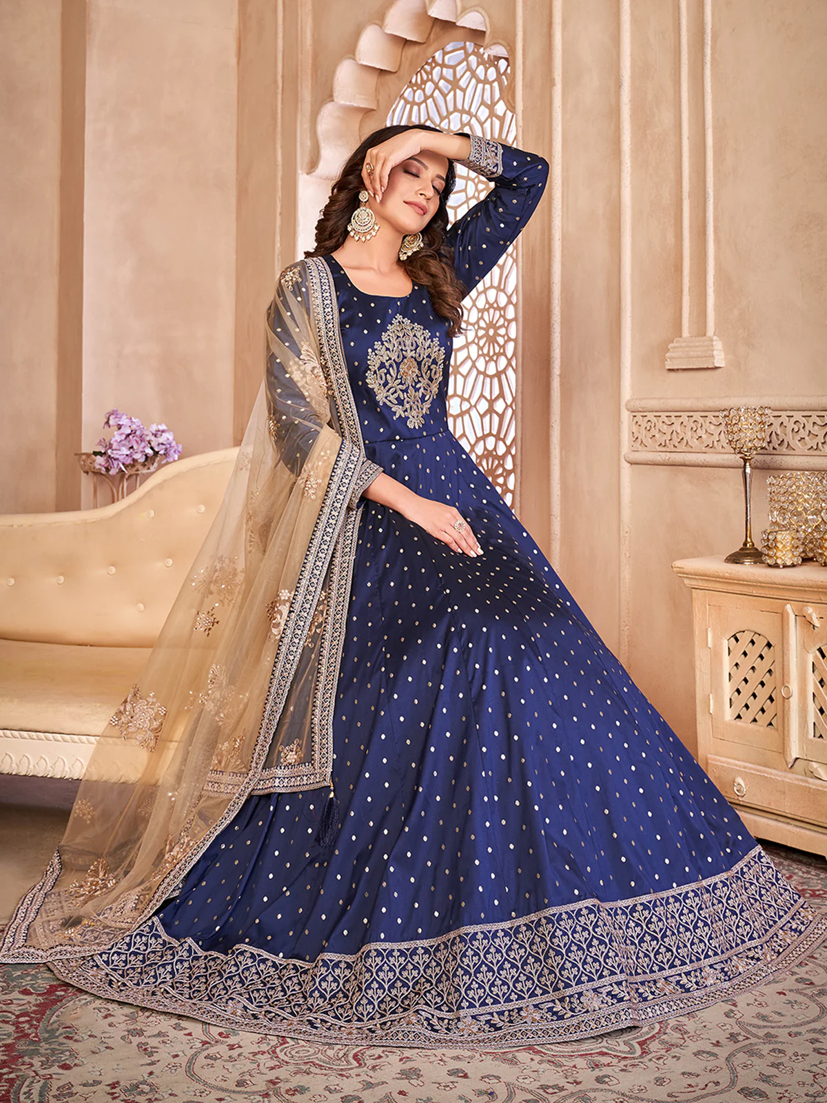 Odette Blue Tafeta Embroidered Semi stitched Kurta Set For Women - Image 2