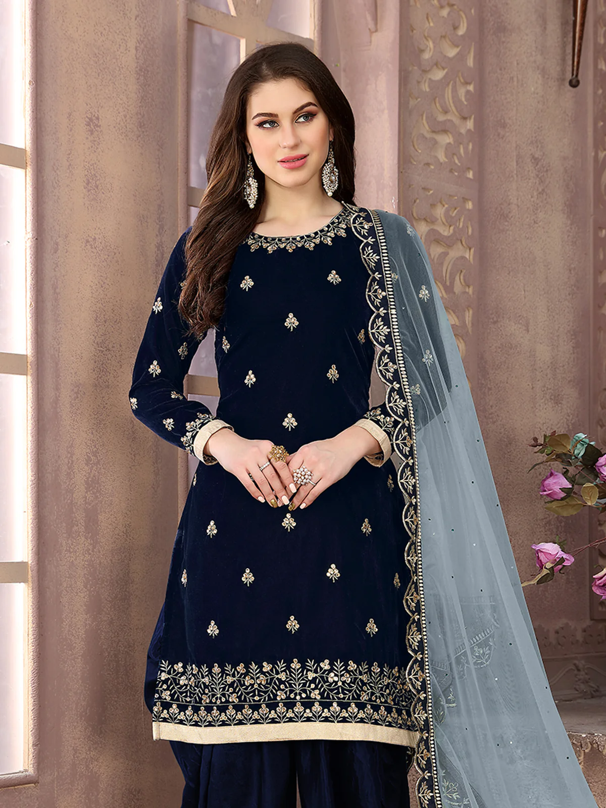 Odette Blue Velvet Embroidered Semi stitched Kurta Set For Women - Image 2