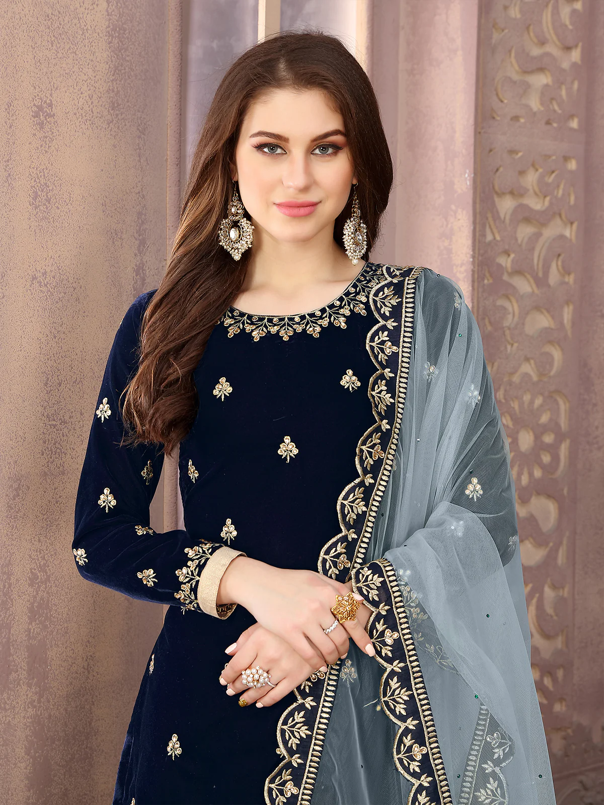 Odette Blue Velvet Embroidered Semi stitched Kurta Set For Women - Image 3