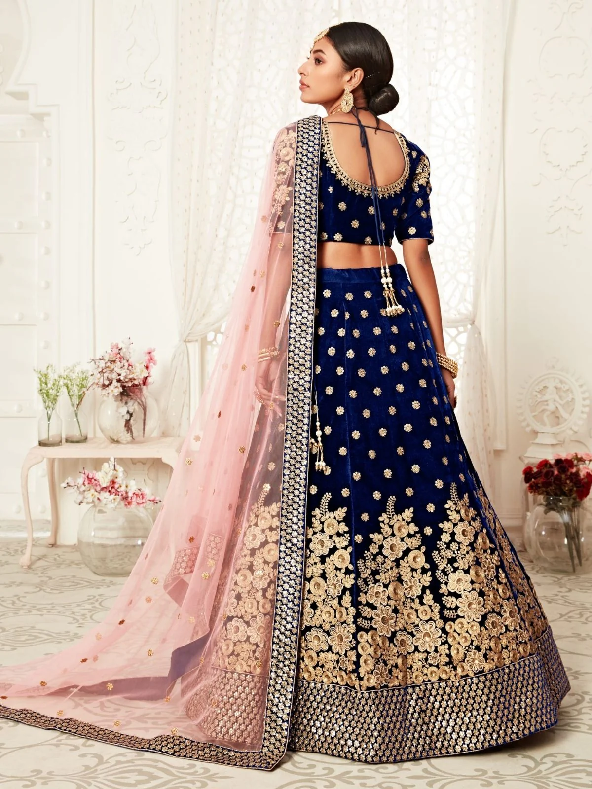 Odette Blue Velvet Embroidered Semi Stitched Lehenga With Unstitched Blouse For Women - Image 4