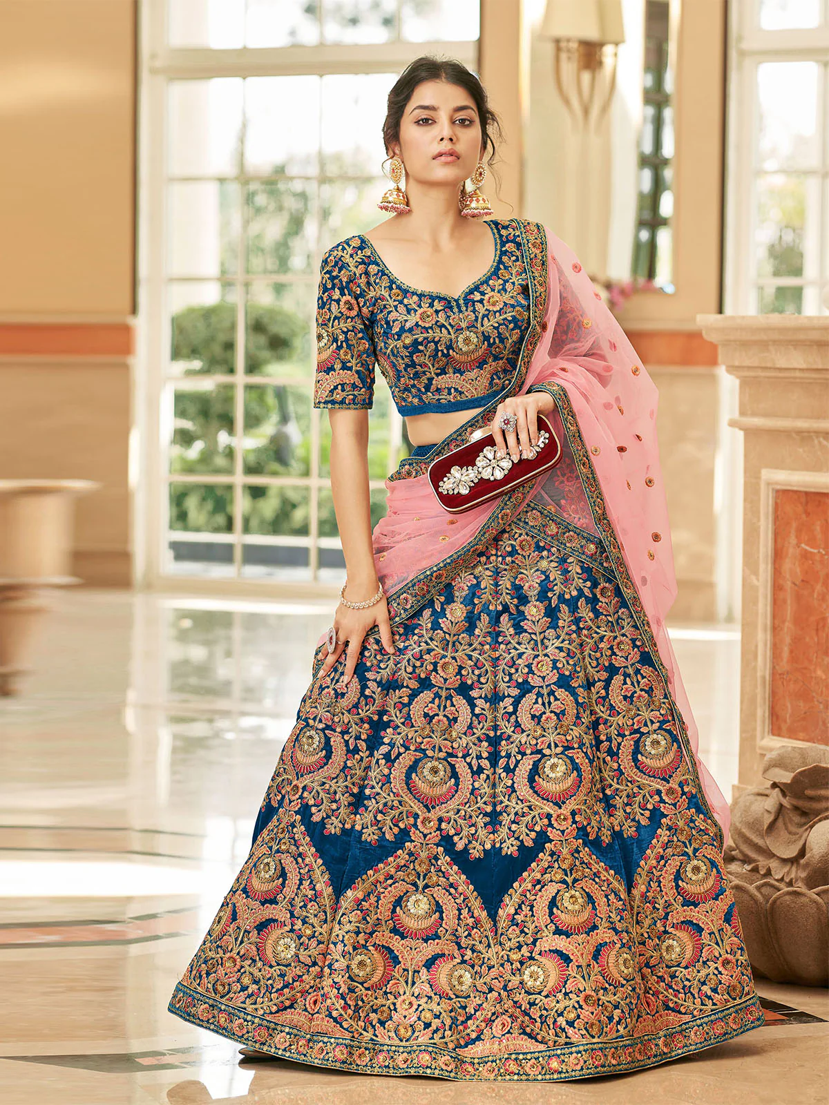 Odette Blue Velvet Embroidered Semi Stitched Lehenga With Unstitched Blouse For Women - Image 2