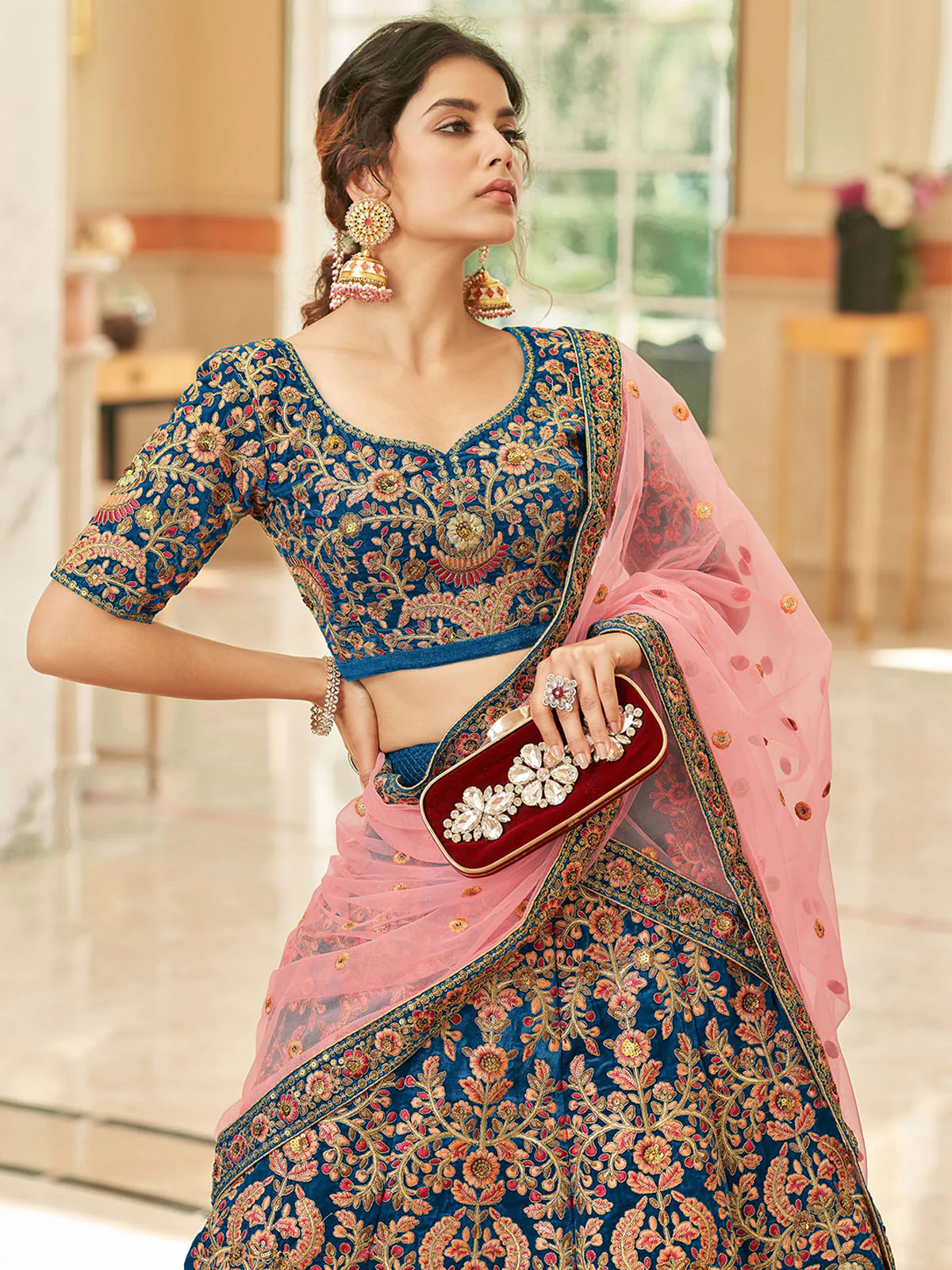 Odette Blue Velvet Embroidered Semi Stitched Lehenga With Unstitched Blouse For Women - Image 3