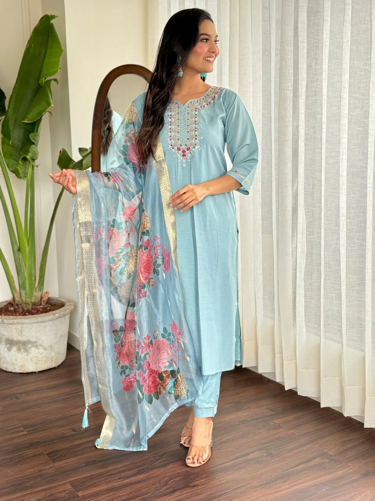 Odette Blue Viscose chanderi Embroidered Stitched Kurta Set For Women - Image 3