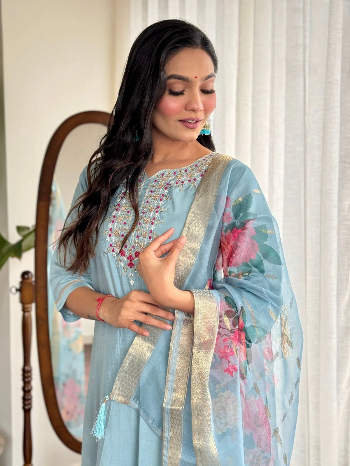 Odette Blue Viscose chanderi Embroidered Stitched Kurta Set For Women - Image 5