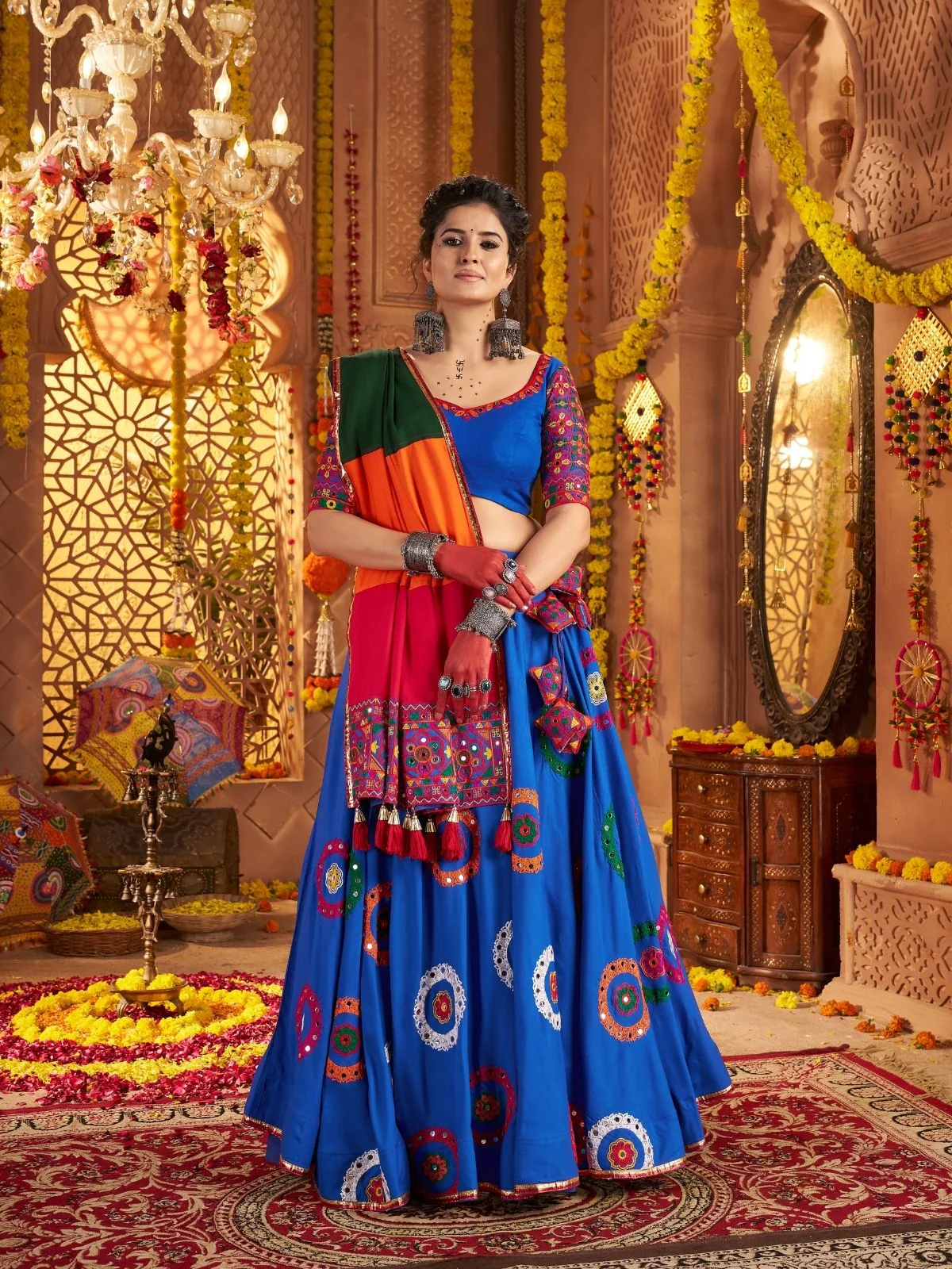 Odette Blue Viscose Cotton Embroidered Semi-Stitched lehenga With Stunning Tassels For Women