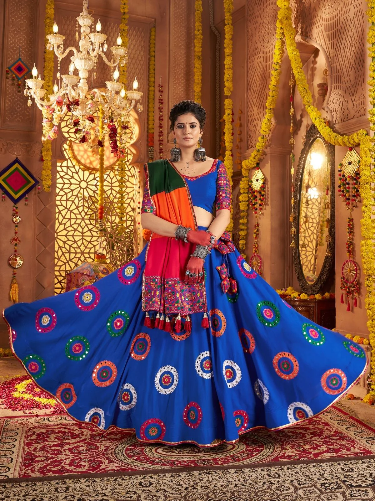 Odette Blue Viscose Cotton Embroidered Semi-Stitched lehenga With Stunning Tassels For Women - Image 2
