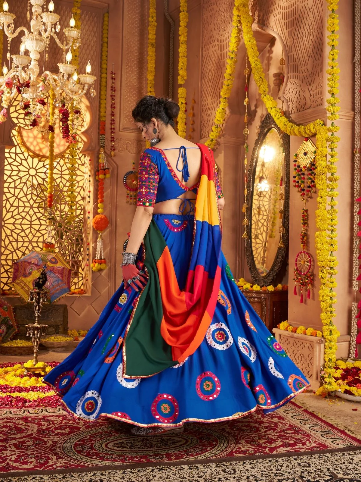 Odette Blue Viscose Cotton Embroidered Semi-Stitched lehenga With Stunning Tassels For Women - Image 4