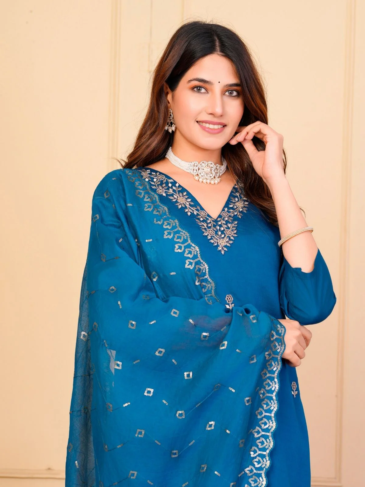 Odette Blue Viscose Embroidered Stitched Kurta Set For Women - Image 4