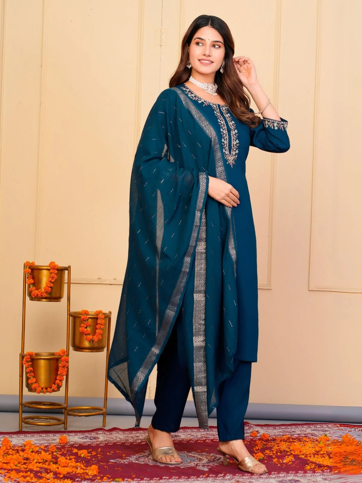 Odette Blue Viscose Embroidered Stitched Kurta Set For Women - Image 2