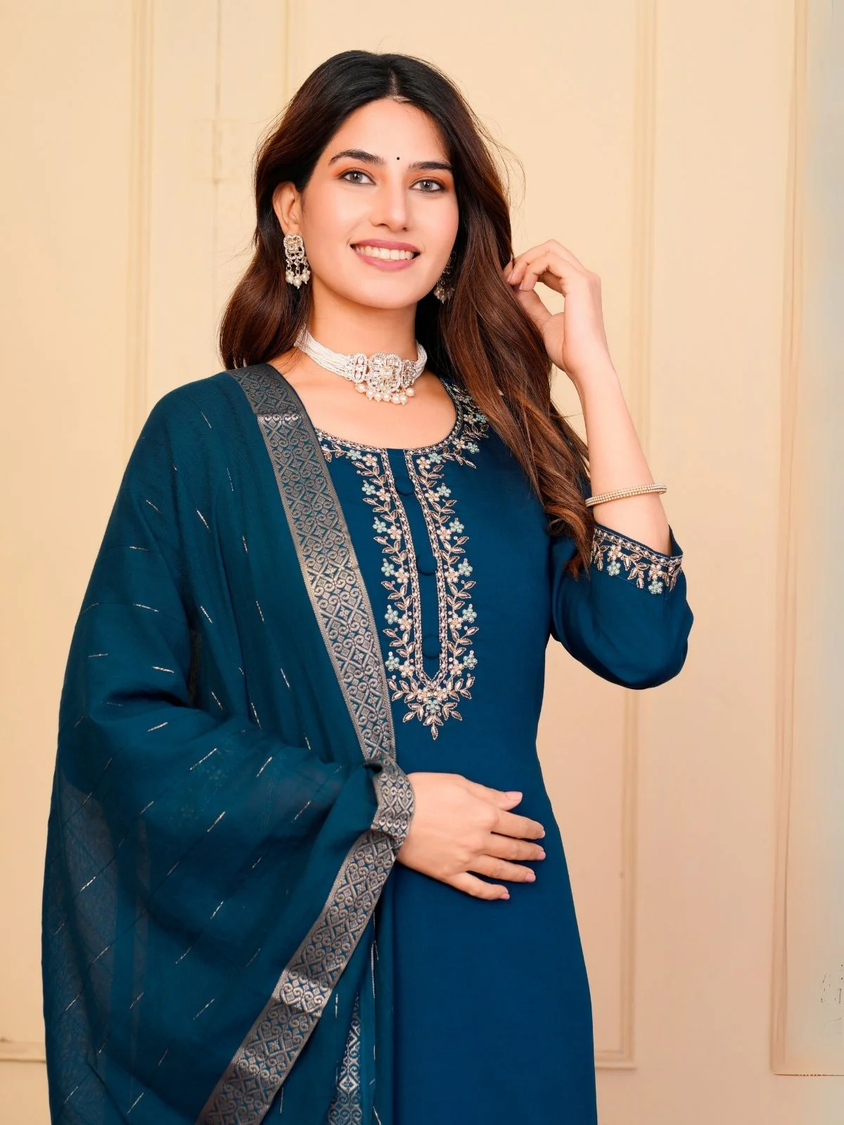 Odette Blue Viscose Embroidered Stitched Kurta Set For Women - Image 4