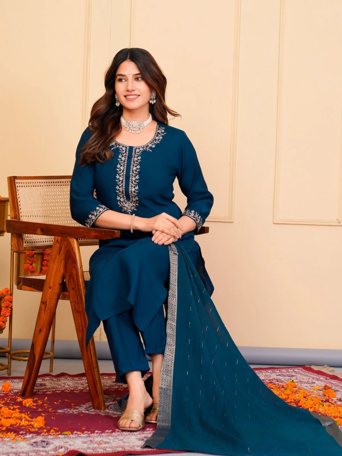 Odette Blue Viscose Embroidered Stitched Kurta Set For Women - Image 5