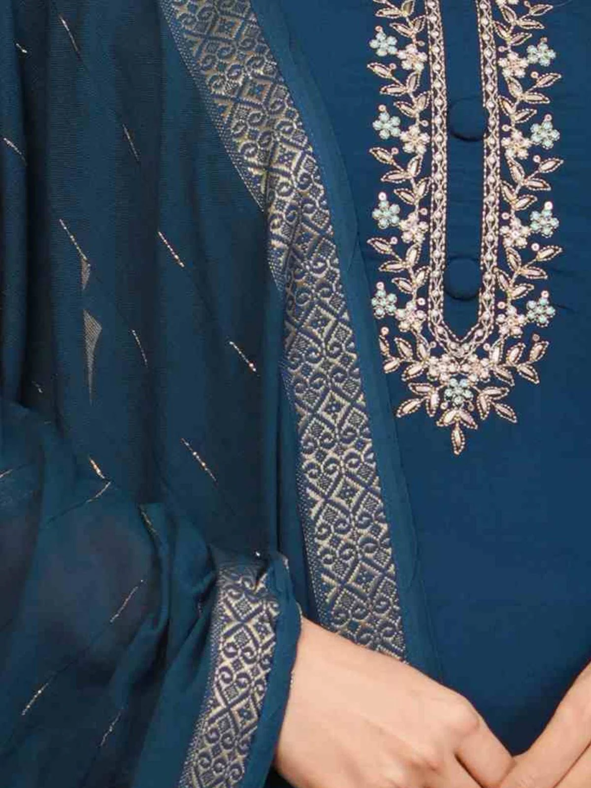 Odette Blue Viscose Embroidered Stitched Kurta Set For Women - Image 6